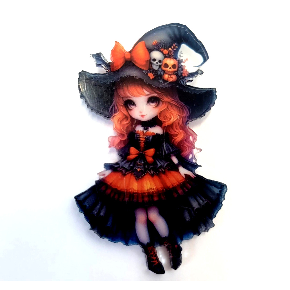 Witch Girl Brooch Pin Halloween Acrylic Orange Black Skull Hat Costume Jewelry